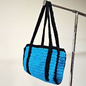 Vintage Crochet Tote, Blue & Black, Acryclic Possibly